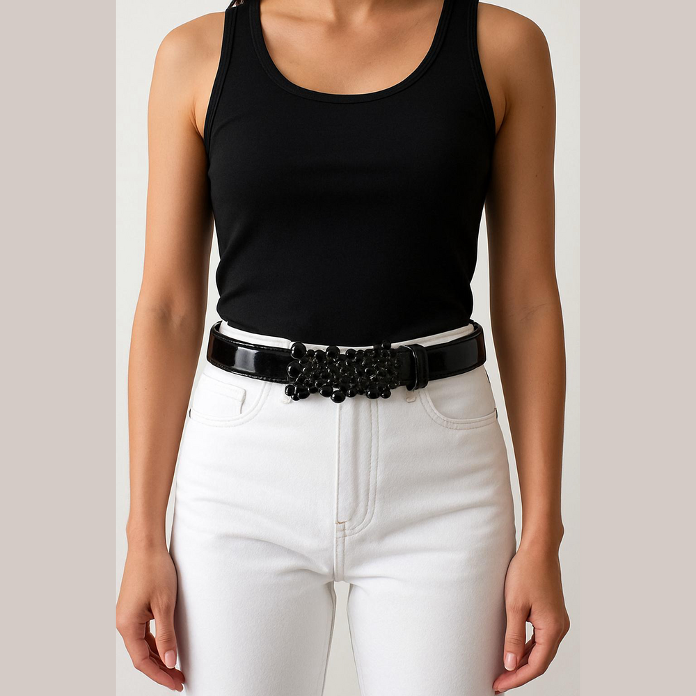 WHBM Cluster of Faux Black Jewel embellished belt black patent leather Large